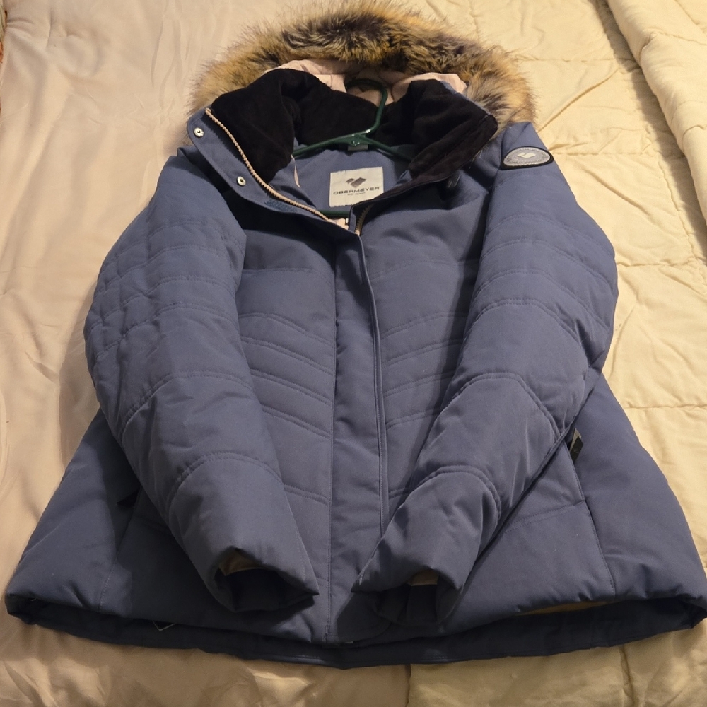 Obermeyer Women's Light Blue Puffer Jacket with Faux Fur Trim